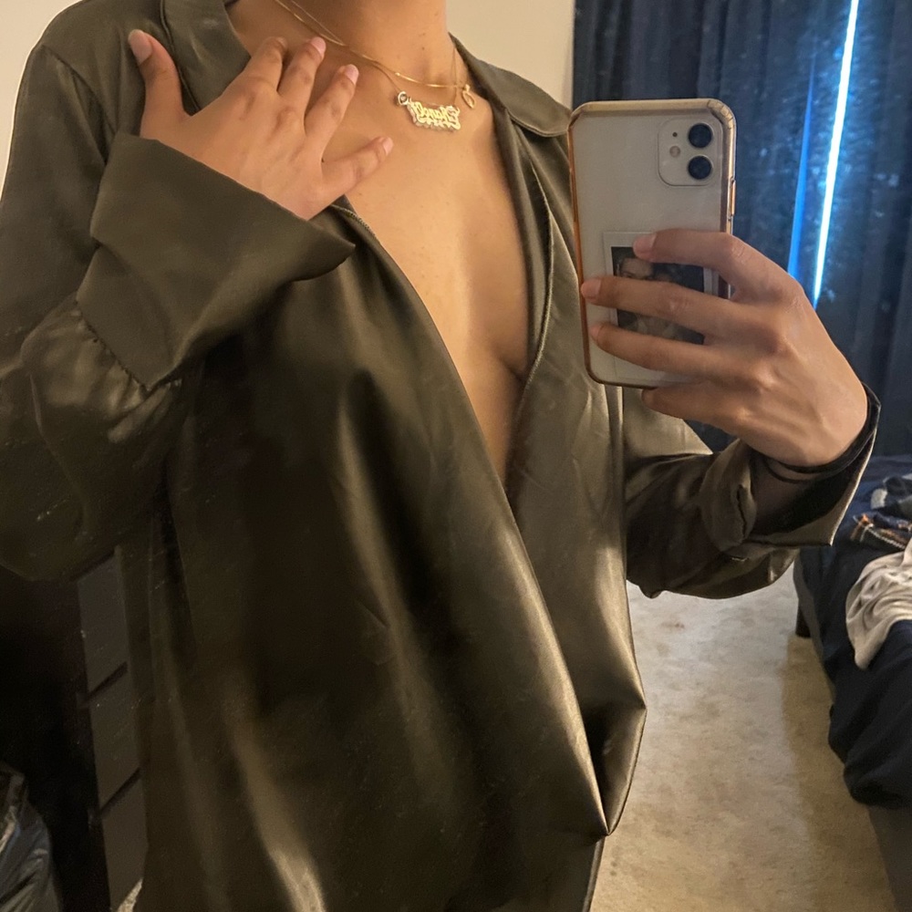 OLIVE GREEN SATIN COWL NECK SHIRT